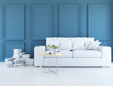 Mavi minimalist bir oturma odası ve ahşap zeminde bir kanepe. İç kısımları kuzeyli. 3B illüstrasyon