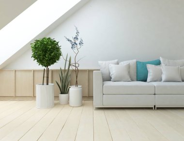 Beyaz minimalist oturma odasının içinde, ahşap zeminde kanepe var. İç kısımları kuzeyli. 3B illüstrasyon