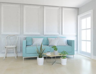 Beyaz minimalist oturma odasının içinde, ahşap zeminde kanepe var. İç kısımları kuzeyli. 3B illüstrasyon