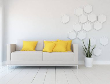 Beyaz minimalist oturma odasının içinde, ahşap zeminde kanepe var. İç kısımları kuzeyli. 3B illüstrasyon