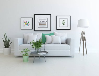 Beyaz minimalist oturma odasının içinde, ahşap zeminde kanepe var. İç kısımları kuzeyli. 3B illüstrasyon