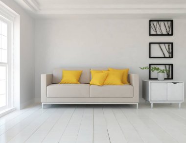 Minimalist bir oturma odası ve ahşap zeminde bir kanepe. İç kısımları kuzeyli. 3B illüstrasyon