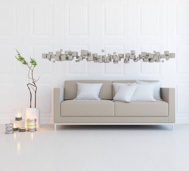 Beyaz minimalist oturma odasının içinde, ahşap zeminde kanepe var. İç kısımları kuzeyli. 3B illüstrasyon