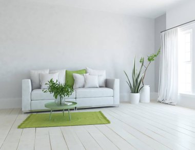 Beyaz minimalist oturma odasının içinde, ahşap zeminde kanepe var. İç kısımları kuzeyli. 3B illüstrasyon