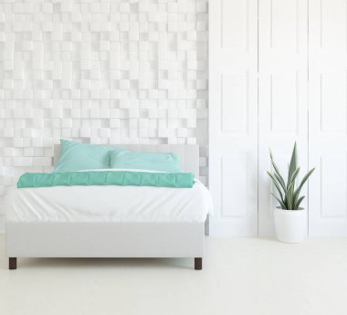 Yatak odasının içinde yatak var. Renkli elementlerin iç mimarisi ile kuzeye dönük. 3B illüstrasyon