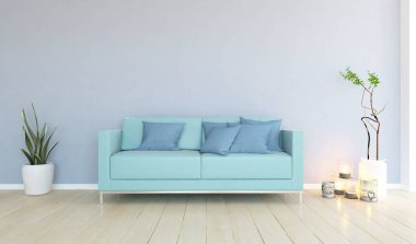 Beyaz minimalist oturma odasının içinde, ahşap zeminde kanepe var. İç kısımları kuzeyli. 3B illüstrasyon