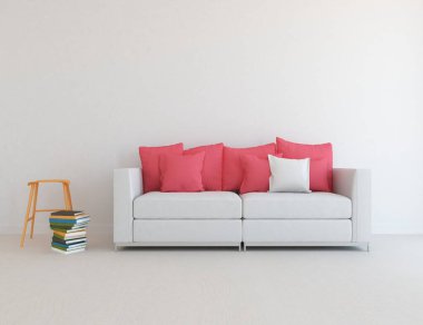Beyaz minimalist oturma odasının içinde, ahşap zeminde kanepe var. İç kısımları kuzeyli. 3B illüstrasyon