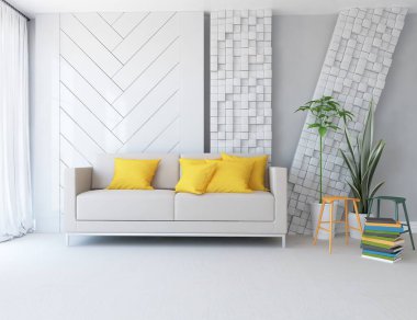 Beyaz minimalist oturma odasının içinde, ahşap zeminde kanepe var. İç kısımları kuzeyli. 3B illüstrasyon