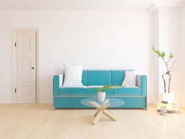 Beyaz minimalist oturma odasının içinde, ahşap zeminde kanepe var. İç kısımları kuzeyli. 3B illüstrasyon