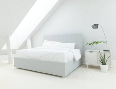 Yatak odasının içinde yatak var. Renkli elementlerin iç mimarisi ile kuzeye dönük. 3B illüstrasyon