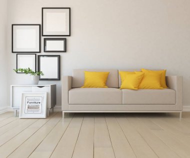 Beyaz minimalist oturma odasının içinde, ahşap zeminde kanepe var. İç kısımları kuzeyli. 3B illüstrasyon