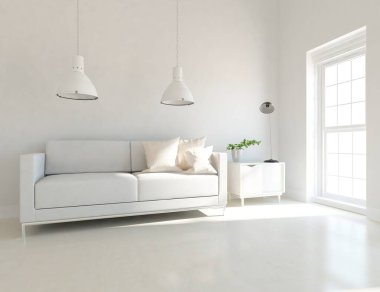 Beyaz minimalist oturma odasının içinde, ahşap zeminde kanepe var. İç kısımları kuzeyli. 3B illüstrasyon