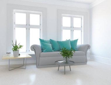 Beyaz minimalist oturma odasının içinde, ahşap zeminde kanepe var. İç kısımları kuzeyli. 3B illüstrasyon