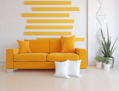 Minimalist bir oturma odası ve ahşap zeminde bir kanepe. İç kısımları kuzeyli. 3B illüstrasyon