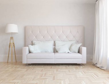 Beyaz minimalist oturma odasının içinde, ahşap zeminde kanepe var. İç kısımları kuzeyli. 3B illüstrasyon