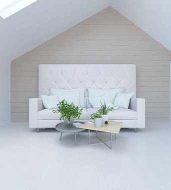 Minimalist bir oturma odası ve ahşap zeminde bir kanepe. İç kısımları kuzeyli. 3B illüstrasyon