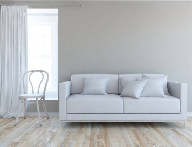 Beyaz minimalist oturma odasının içinde, ahşap zeminde kanepe var. İç kısımları kuzeyli. 3B illüstrasyon