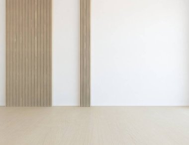 Ahşap zeminli hafif minimalist oda. İç kısımları kuzeyli. 3B illüstrasyon
