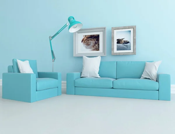 Blue minimalist living room interior with sofa on a wooden floor. Home nordic interior. 3D illustration