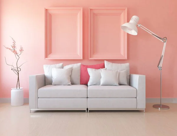 Pink minimalist living room interior with sofa on a wooden floor. Home nordic interior. 3D illustration