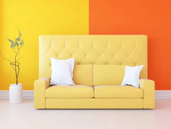 Żółty Minimalistyczny Salon Sofą Drewnianej Podłodze Domowe Nordyckie Wnętrze Ilustracja Obrazy Stockowe bez tantiem
