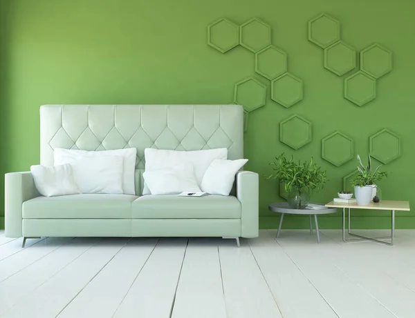 Zielony Minimalistyczny Salon Sofą Drewnianej Podłodze Domowe Nordyckie Wnętrze Ilustracja Obraz Stockowy