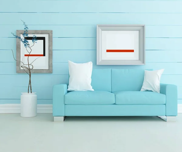 蓝色简约的客厅内部 沙发在木制地板上 家里的北欧内陆 3D插图 图库图片