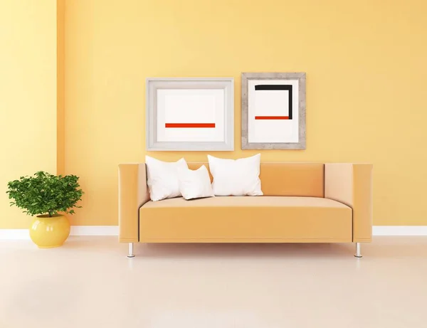 Żółty Minimalistyczny Salon Sofą Drewnianej Podłodze Domowe Nordyckie Wnętrze Ilustracja Zdjęcie Stockowe