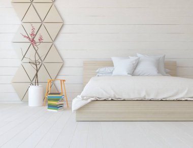 Yatak odasının içinde yatak var. Renkli elementlerin iç mimarisi ile kuzeye dönük. 3B illüstrasyon