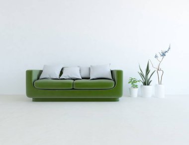 Beyaz minimalist oturma odasının içinde, ahşap zeminde kanepe var. İç kısımları kuzeyli. 3B illüstrasyon