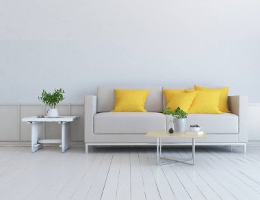 Beyaz minimalist oturma odasının içinde, ahşap zeminde kanepe var. İç kısımları kuzeyli. 3B illüstrasyon