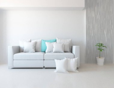 Beyaz minimalist oturma odasının içinde, ahşap zeminde kanepe var. İç kısımları kuzeyli. 3B illüstrasyon