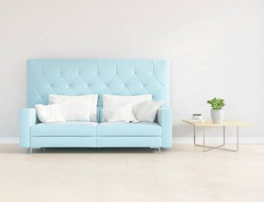 Beyaz minimalist oturma odasının içinde, ahşap zeminde kanepe var. İç kısımları kuzeyli. 3B illüstrasyon