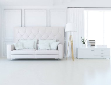 Beyaz minimalist oturma odasının içinde, ahşap zeminde kanepe var. İç kısımları kuzeyli. 3B illüstrasyon