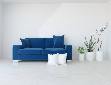 Beyaz minimalist oturma odasının içinde, ahşap zeminde kanepe var. İç kısımları kuzeyli. 3B illüstrasyon