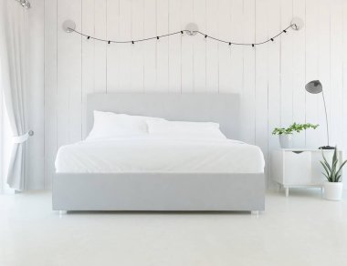 Yatak odasının içinde yatak var. Renkli elementlerin iç mimarisi ile kuzeye dönük. 3B illüstrasyon