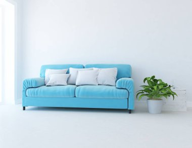 Beyaz minimalist oturma odasının içinde, ahşap zeminde kanepe var. İç kısımları kuzeyli. 3B illüstrasyon