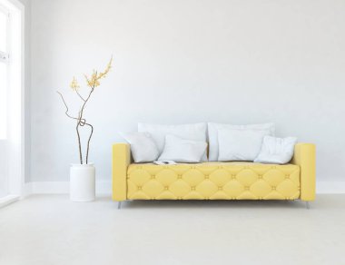 Beyaz minimalist oturma odasının içinde, ahşap zeminde kanepe var. İç kısımları kuzeyli. 3B illüstrasyon