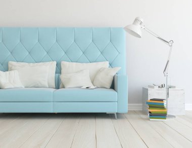 Beyaz minimalist oturma odasının içinde, ahşap zeminde kanepe var. İç kısımları kuzeyli. 3B illüstrasyon