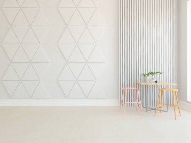 Beyaz minimalist mutfak odası. Ahşap zeminde yemek mobilyası var. İç kısımları kuzeyli. 3B illüstrasyon