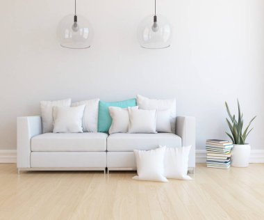 Beyaz minimalist oturma odasının içinde, ahşap zeminde kanepe var. İç kısımları kuzeyli. 3B illüstrasyon