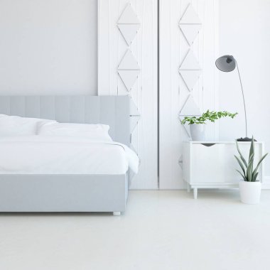 Minimalist bir oturma odası ve ahşap zeminde bir kanepe. İç kısımları kuzeyli. 3B illüstrasyon