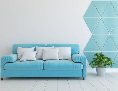 Beyaz minimalist oturma odasının içinde, ahşap zeminde kanepe var. İç kısımları kuzeyli. 3B illüstrasyon