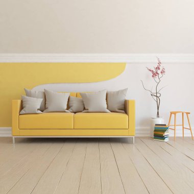 Minimalist bir oturma odası ve ahşap zeminde bir kanepe. İç kısımları kuzeyli. 3B illüstrasyon