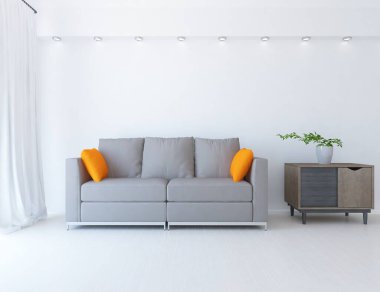 Beyaz minimalist oturma odasının içinde, ahşap zeminde kanepe var. İç kısımları kuzeyli. 3B illüstrasyon