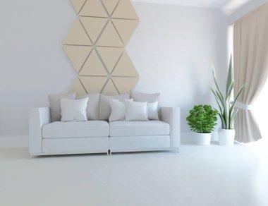 Beyaz minimalist oturma odasının içinde, ahşap zeminde kanepe var. İç kısımları kuzeyli. 3B illüstrasyon
