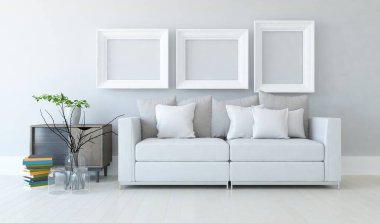 Beyaz minimalist oturma odasının içinde, ahşap zeminde kanepe var. İç kısımları kuzeyli. 3B illüstrasyon