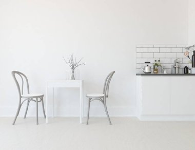 Beyaz minimalist mutfak odası. Ahşap zeminde yemek mobilyası var. İç kısımları kuzeyli. 3B illüstrasyon