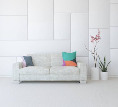 Beyaz minimalist oturma odasının içinde, ahşap zeminde kanepe var. İç kısımları kuzeyli. 3B illüstrasyon