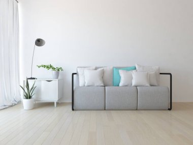 Beyaz minimalist oturma odasının içinde, ahşap zeminde kanepe var. İç kısımları kuzeyli. 3B illüstrasyon